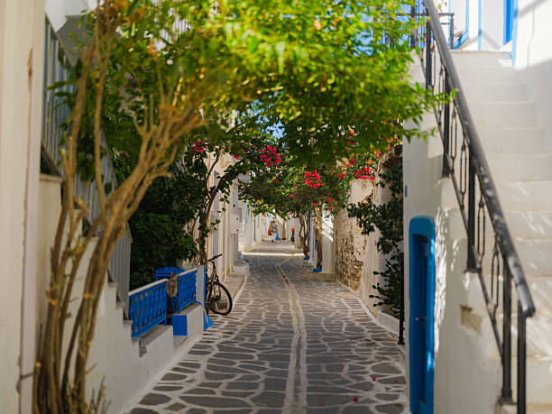 Quaint empty streets on Mykonos island in Greece  in summer