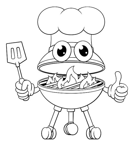 Barbecue Chef Cartoon Mascot Charcoal BBQ Person A barbecue chef cartoon mascot charcoal BBQ man person concept man grilling white background stock illustrations