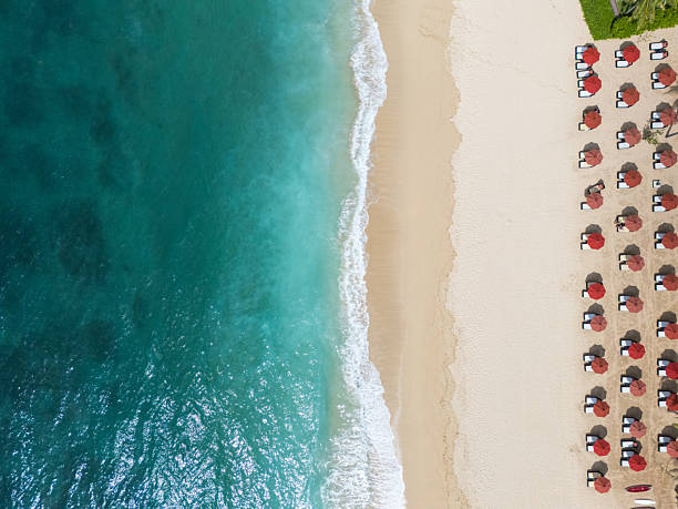 istock Tropical ocean beach with sun loungers top view 2208084405