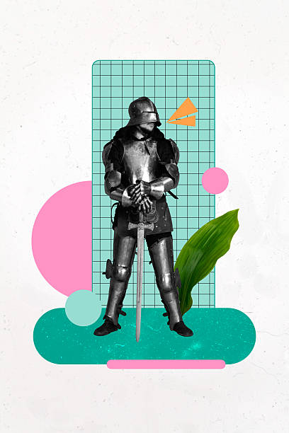 istock Composite sketch design artwork 3D collage of noble conqueror warrior hero vintage young man stand wear knight costume helmet hold sword 2208085817