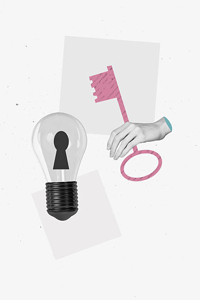 istock Composite image montage trend artwork 3D collage of creative challenge solution brilliant think idea lamp hole hand hold key open blackout 2208085889