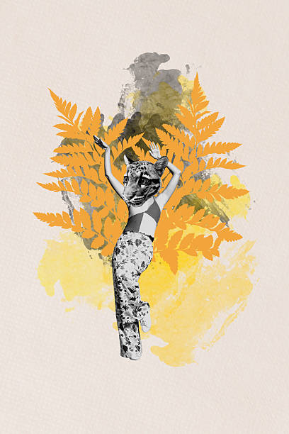 Template sketch image composite artwork collage of young lady dance moving attractive head leopard animal leaves plant nature metaphor.