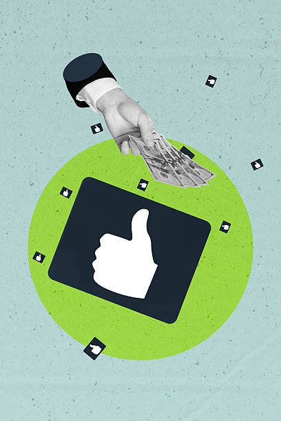 istock Creative collage metaphor of big like button taking hand showing wealthy dollars banknote 2208086241