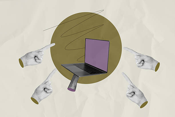 istock Template collage image of human hand demonstrate netbook screen with fingers pointing 2208086242