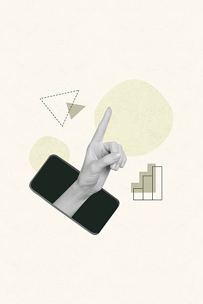 istock Poster metaphor collage of human finger from device screen demonstrate copyspace pastel color background 2208086254