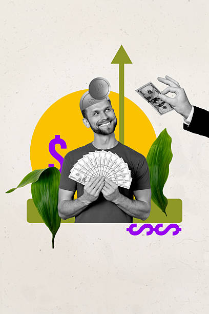 istock Creative artwork template sketch image 3D collage of young man half head coins arrow up hand hold dollars wealth budget earnings currency 2208086839