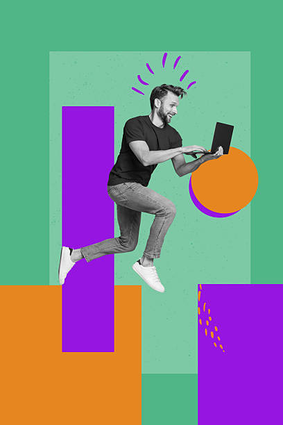 istock Creative image collage of young guy flying use netbook on green color background with geometry figure 2208086845