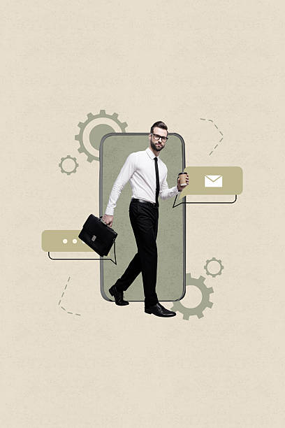 istock Poster artwork collage of guy manager walk from gadget screen with texting email 2208087593