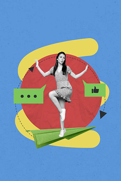 istock Creative pop collage of young lady moving flying plane on blue color background 2208088135