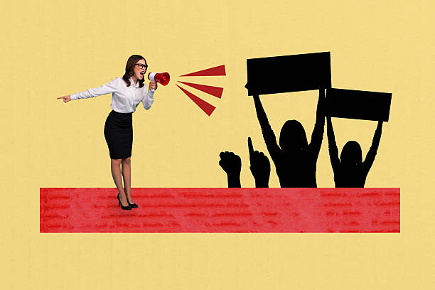 istock Creative composite sketch design artwork collage of young lady bossy stand hold megaphone finger point worker vote banner picket strike 2208088246