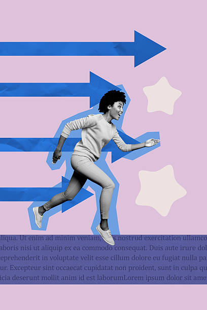 istock 3D collage design composite trend artwork sketch of young lady run arrow point star increase high quality experience excellent service 2208088664