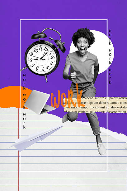 istock Creative art collage of young lady run fast with netbook clock on purple background 2208088683