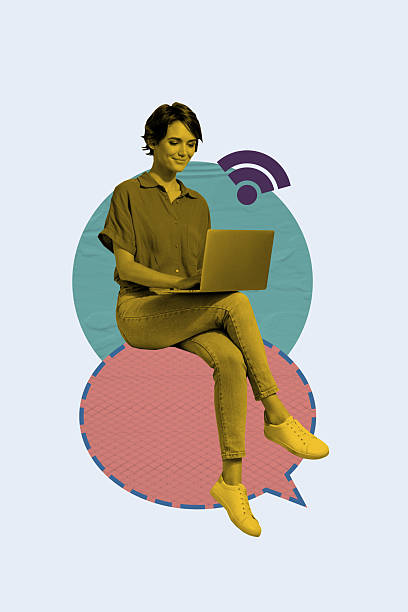 istock Composite sketch design artwork 3D photo collage of young lady sit speech cloud vacancy professional job hr work laptop internet remote 2208090581