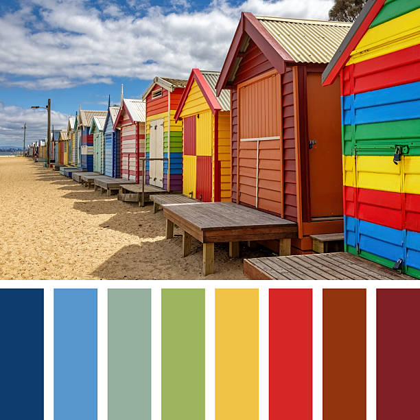 Colourful wooden beach huts on Brighton Beach, Melbourne. In a colour palette with complimentary colour swatches.