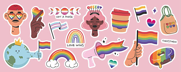 istock LGBTQ stickers set. Flat hand drawn elements for Pride Month. Rainbow, hearts, flags, coffee cup, donut. Isolated vector illustrations 2208099705