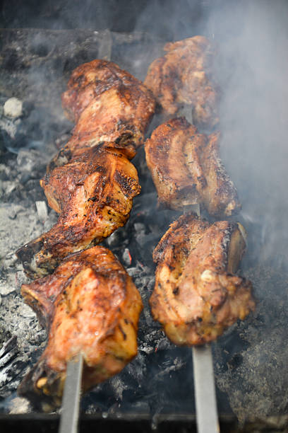 istock Meat on coals. Pork barbecue. Fried meat on fire. Restaurant food, bbq 2208100109