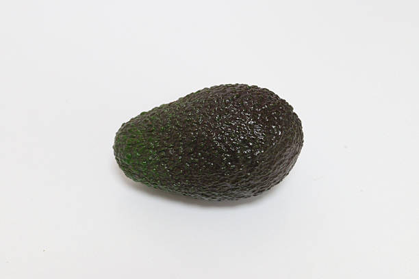 istock dark green avocado with bumpy skin on a white background. It is shiny, which means it is ripe. place for text.copy space. 2208100410