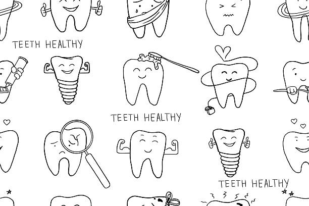 Cute seamless pattern of oral hygiene theme elements in doodle style. Stomatology, toothpaste, dental floss, dental care, teeth health, toothbrush, braces. Healthcare and medicine. Cute seamless pattern of oral hygiene theme elements in doodle style. Stomatology, toothpaste, dental floss, dental care, teeth health, toothbrush, braces. Healthcare and medicine. Vector illustration cute cartoon dental implants stock illustrations