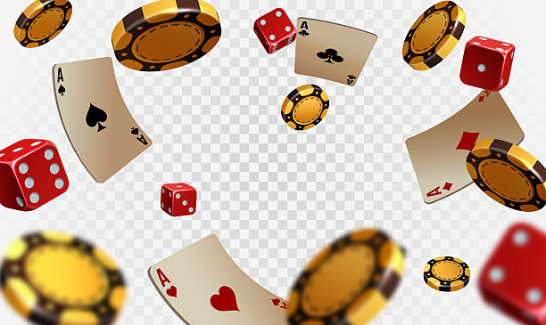 istock Falling poker chips, tokens, playing cards and dices on background 2208110426