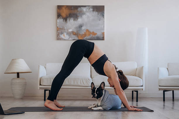 istock Active exercise. Woman with pug dog is doing yoga at home 2208115311
