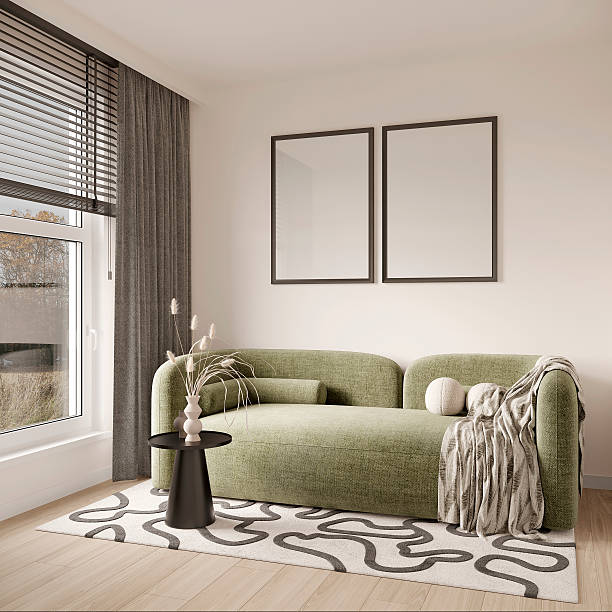 istock Modernhome office mockup with minimalist furniture and neutral decor, 3d model, 3d render 2208115583