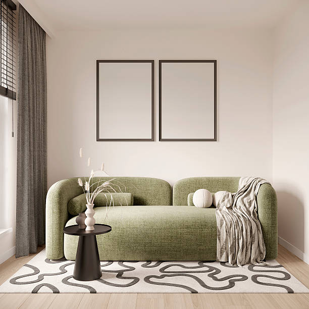 istock Mockup home office with white walls and sofa with coffee table and carpet, minimalist furniture and neutral decor, 3d model, 3d render 2208115588