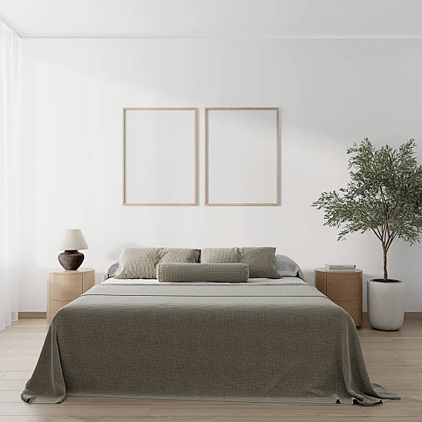 istock Bedroom interior, mock up poster frame,frame mockup in modern bedroom, 3d rendering, 3d. 2208115712
