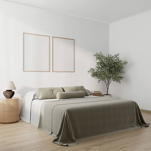 istock Cozy bedroom interior, mock up poster frame,frame mockup in modern bedroom, 3d rendering, 3d. 2208115758