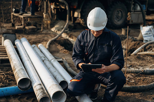istock Digital tablet is in hands. Construction worker is near boring drilling machine 2208118353