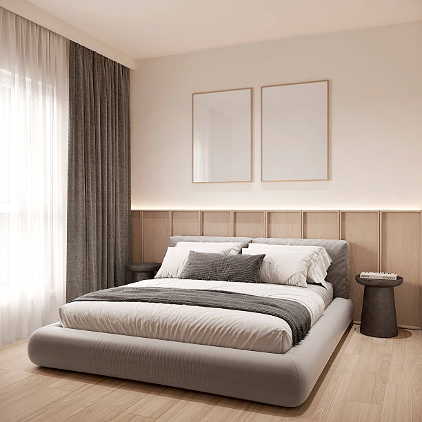 istock Cozy bedroom interior, mock up poster frame,frame mockup in modern bedroom, 3d rendering, 3d. 2208120858