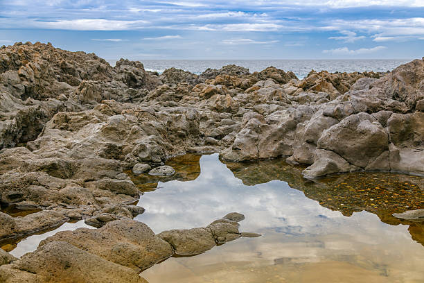 Rocky coastline in Tenerife features a pool reflecting the sky and clouds. The scene highlights the rugged, natural beauty of the volcanic rock formations along the shoreline