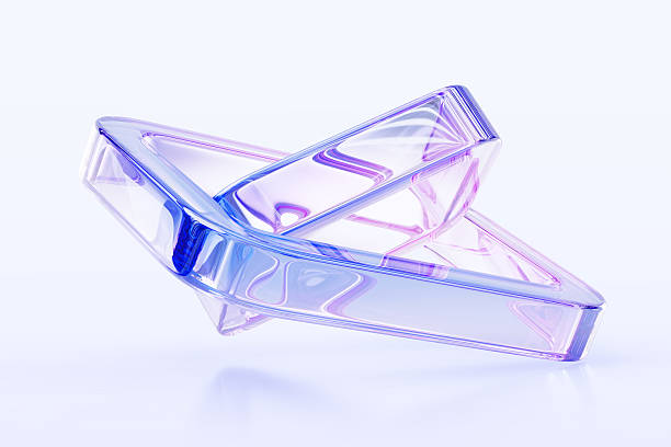 istock 3d crystal glass square frame shapes with holographic light effect in motion. Abstract iridescent transparent figure with blue pink hologram gradient. Isolated art object render 2208128047