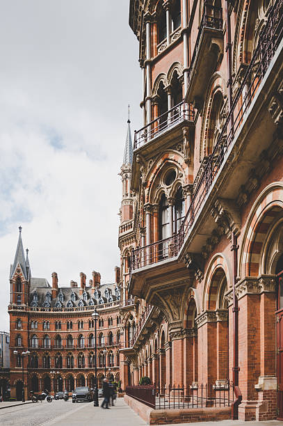 View on the classic facade of the St Pancras Railway Station, London, England, United Kingdom.