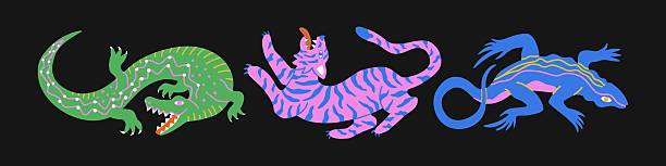 Quirky tiger, crocodile and komodo in groovy colorful style. Tropical  hand drawn summer animals. Funky illustration for poster, card, tshirt print.