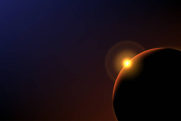 istock Space sunrise behind planet and glowing orange flare on the horizon, Vector illustration 2208134210