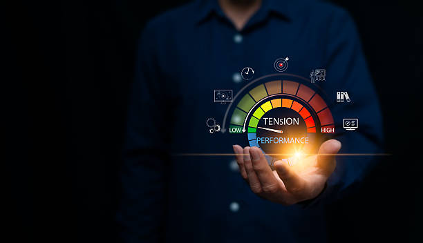 istock Reduce work tension to increase work efficiency and increase personnel potential. The pressure gauge graph is in the green zone, which is in a safe range. Personnel management controls your stress. 2208148085