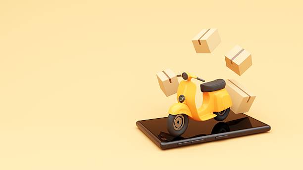 istock Delivery concept, parcel, mail, online order. Transportation and logistic. Sealed cardboard box for delivery of orders,goods, items around the world on scototer- 3d render. 2208148252