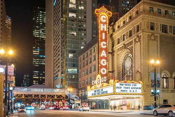 The landmark Chicago Theatre on State Street in downtown Chicago Illinois USA illuminated at night.