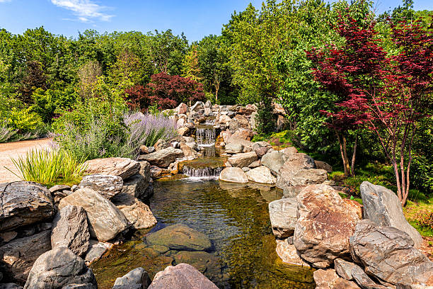 istock Landscape of a stream with a waterfall in a public park 2208164852