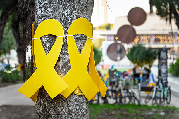 Childhood cancer awareness month message and ribbon over yellow frame on white background. Childhood cancer awareness concept.