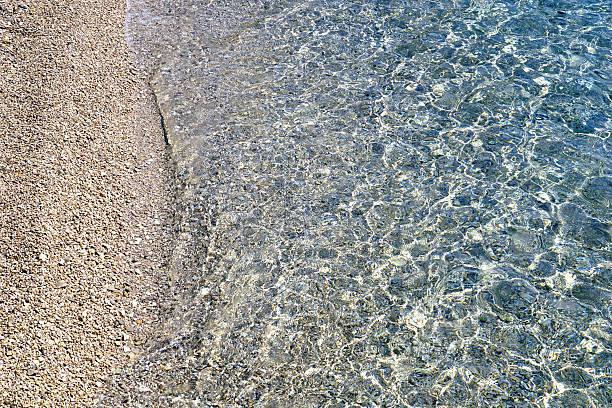 Pebble beach immersed in crystal blue and turquoise sea water abstract nature background