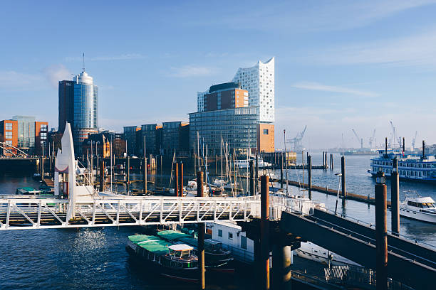 Scenic view of the Hamburg harbor with the iconic Elbphilharmonie building, modern architecture, boats, and waterfront.