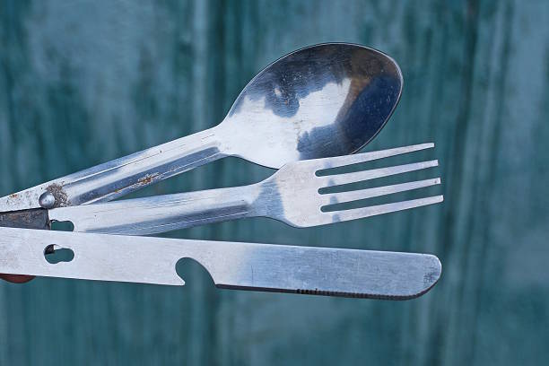 istock hand holding old army set of knife fork and spoon 2208189753
