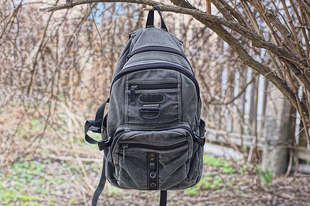 A gray, black, and white backpack is positioned against a textured wall, featuring adjustable straps, buckle closures, and a clear top section, sitting on a wooden surface.