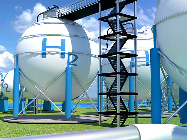 istock Spherical Hydrogen gas storage tanks providing clean energy solution. Gas production plant. processing hydrogen into energy. 3d rendering illustration 2208192410