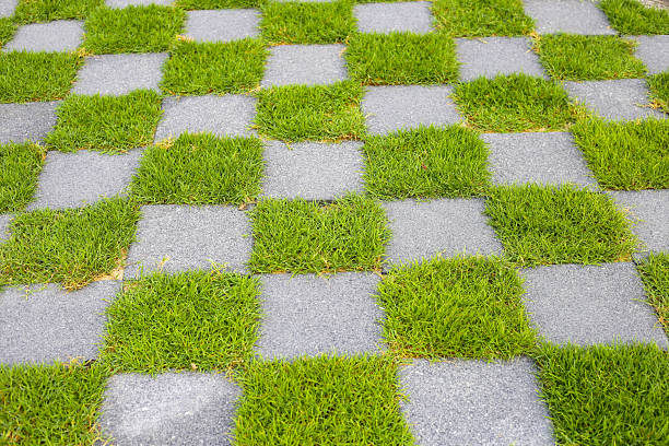 istock Walkway with a checkerboard pattern, alternating between gray pavement tiles and green grass 2208197546