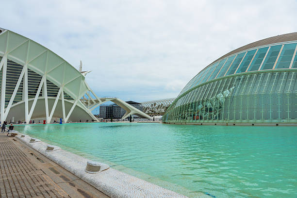 Valencia, Spain - June 11th, 2024: Wide angel view of the City of Arts and Sciences (Ciutat de les Arts i les Ciències) public park made of modern, architectural, aerodynamic structures the eye-shaped Hemisfèric and covered pedestrian walkway, Umbracle