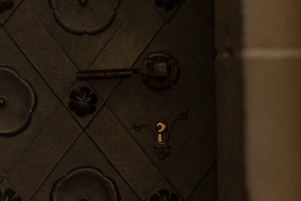An ornate, decorated door with a keyhole and elegant handle, showcasing impressive metalwork craftsmanship