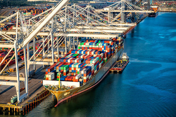 Cargo Ship in Port stock photo