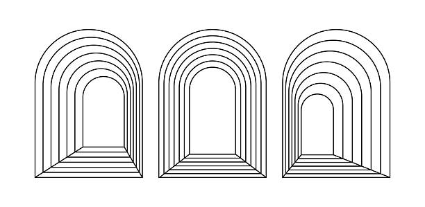 Set of line arch tunnels in trendy boho style. Window, door or portal in archway form creating depth and perspective. Ideal for abstract design, decor or decoration. Vector illustration